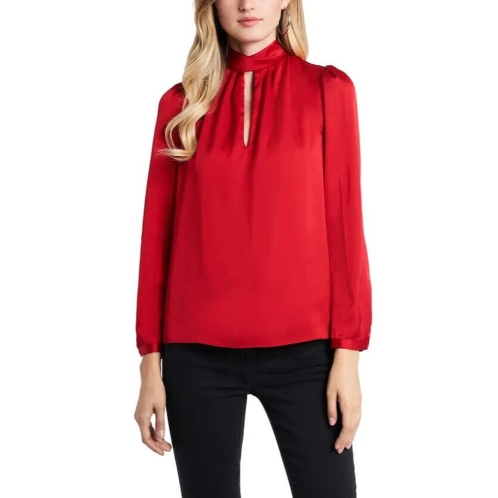 1. State Red Womens Size XXS Keyhole Charmeuse Blouse Long Sleeve Mock Neck Top